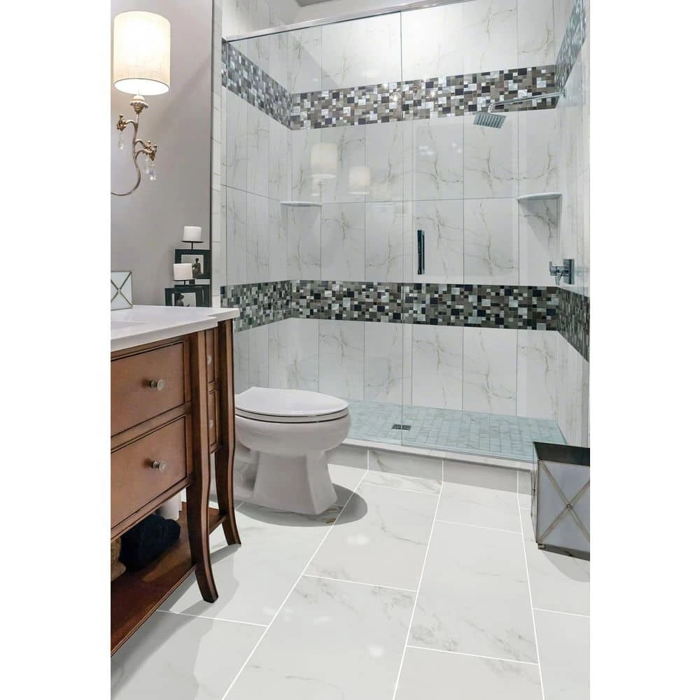 Carrara 12 in. x 24 in. Polished Porcelain Stone Look Floor and Wall Tile (16 sq. ft./Case) by Home Decorators Collection 2 Carrara 12 in. x 24 in. Polished Porcelain Stone Look Floor and Wall Tile (16 sq. ft./Case) by Home Decorators Collection - Image 2